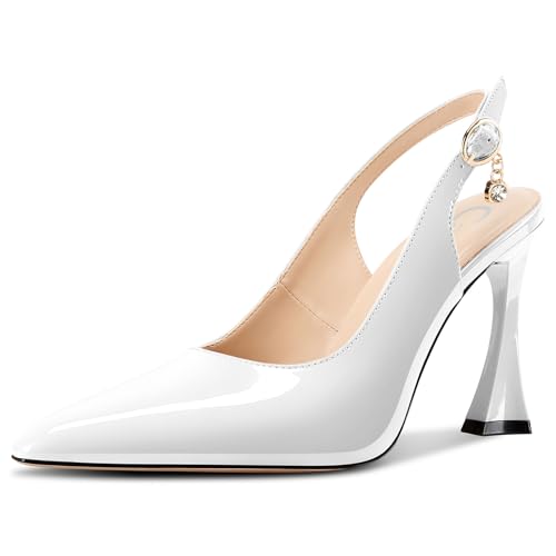 Castamere Damen Stiletto Hoher High Absatz Heel Spitze Zehenkappe Pumps Slingback Schnalle Hochzeit Abschlussball Dress 10 cm Heels Weiß 35 EU von Castamere