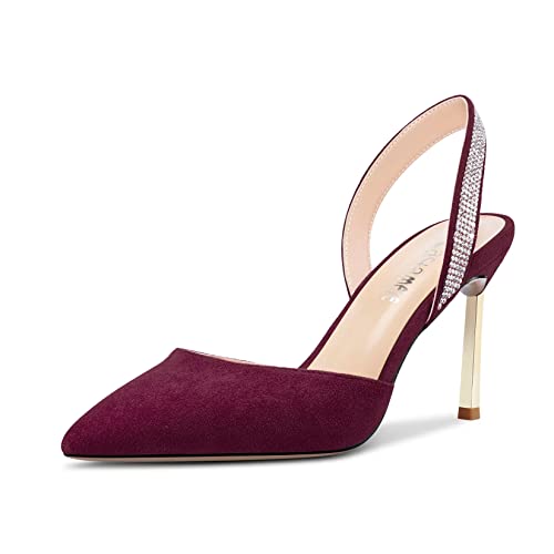 Castamere Damen Stiletto Hoher High Absatz Heel Spitze Zehenkappe Pumps Slingback Slip-on Diamant Kristall 8.5 cm Heels Burgund Rot 43 EU von Castamere