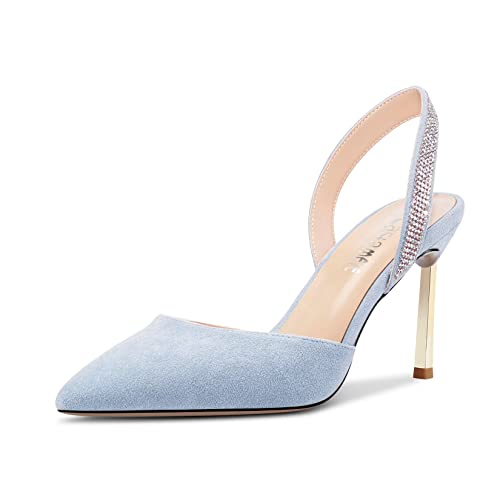 Castamere Damen Stiletto Hoher High Absatz Heel Spitze Zehenkappe Pumps Slingback Slip-on Diamant Kristall 8.5 cm Heels Hellblau 40 EU von Castamere