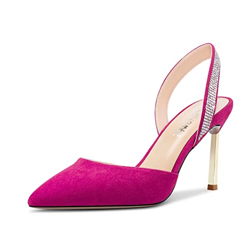Castamere Damen Stiletto Hoher High Absatz Heel Spitze Zehenkappe Pumps Slingback Slip-on Diamant Kristall 8.5 cm Heels Magenta Rot A 45 EU von Castamere