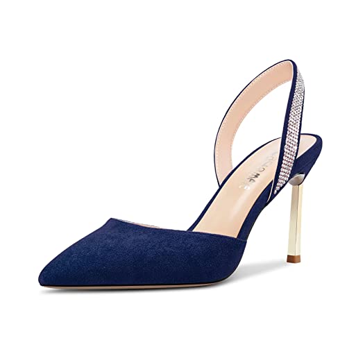 Castamere Damen Stiletto Hoher High Absatz Heel Spitze Zehenkappe Pumps Slingback Slip-on Diamant Kristall 8.5 cm Heels Navy Blau 37 EU von Castamere