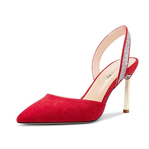 Castamere Damen Stiletto Hoher High Absatz Heel Spitze Zehenkappe Pumps Slingback Slip-on Diamant Kristall 8.5 cm Heels Rot 36 EU von Castamere