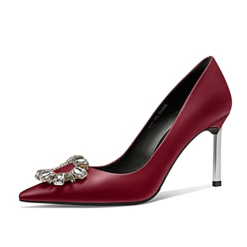 Castamere Damen Stiletto Hoher High Absatz Heel Spitze Zehenkappe Pumps Slip-on Diamant Kristall Hochzeit Party 8.5 cm Heels Burgund Rot Satin 38 EU von Castamere
