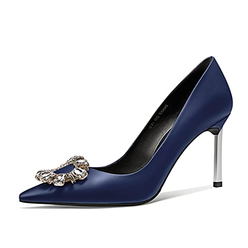 Castamere Damen Stiletto Hoher High Absatz Heel Spitze Zehenkappe Pumps Slip-on Diamant Kristall Hochzeit Party 8.5 cm Heels Navy Blau Satin 37 EU von Castamere