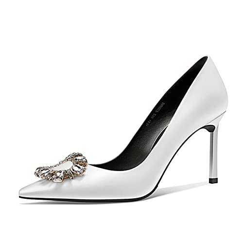 Castamere Damen Stiletto Hoher High Absatz Heel Spitze Zehenkappe Pumps Slip-on Diamant Kristall Hochzeit Party 8.5 cm Heels Weiß Satin 36 EU von Castamere