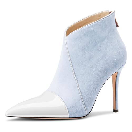 Castamere Damen Stiletto Hoher High Absatz Heel Spitze Zehenkappe Stiefeletten Reißverschluss Slip-on Party Büroschuhe Dress Stiefel Blau Wildleder 37 EU von Castamere