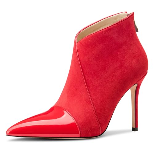 Castamere Damen Stiletto Hoher High Absatz Heel Spitze Zehenkappe Stiefeletten Reißverschluss Slip-on Party Büroschuhe Dress Stiefel Rot Wildleder 42 EU von Castamere