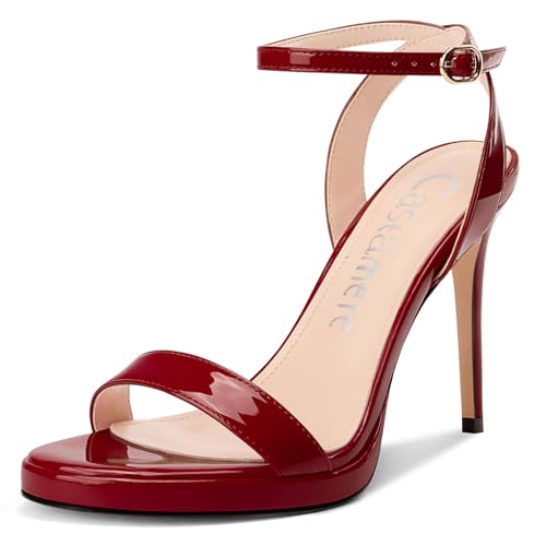 Castamere Damen Stiletto Hoher High Plateau Plattform Absatz Heel Open Runde Zehenkappe Sandalen Knöchelriemen Abschlussball 10.5 CM Heels Burgunderrot 41 EU von Castamere