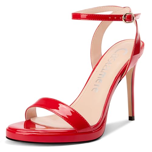 Castamere Damen Stiletto Hoher High Plateau Plattform Absatz Heel Open Runde Zehenkappe Sandalen Knöchelriemen Abschlussball 10.5 CM Heels Rot 42 EU von Castamere