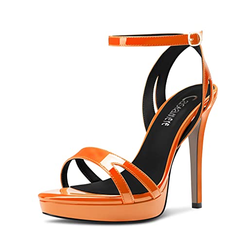 Castamere Damen Stiletto Hoher High Plateau Plattform Absatz Heel Open Zehenkappe Knöchelriemen Sandalen Hochzeit Abschlussball 12 CM Heels Orange 43 EU von Castamere