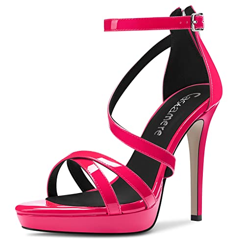 Castamere Damen Stiletto Hoher High Plateau Plattform Absatz Heel Open Zehenkappe Knöchelriemen Sandalen Reißverschluss Party 12 CM Heels Magenta 40 EU von Castamere