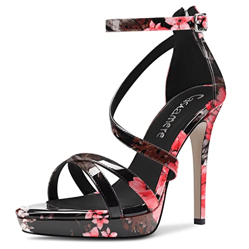 Castamere Damen Stiletto Hoher High Plateau Plattform Absatz Heel Open Zehenkappe Knöchelriemen Sandalen Reißverschluss Party 12 CM Heels Rote Blume 39 EU von Castamere