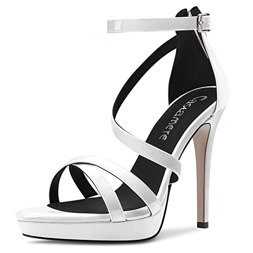 Castamere Damen Stiletto Hoher High Plateau Plattform Absatz Heel Open Zehenkappe Knöchelriemen Sandalen Reißverschluss Party 12 CM Heels Weiß 44 EU von Castamere