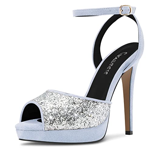 Castamere Damen Stiletto Hoher High Plateau Plattform Absatz Heel Peep Open Zehenkappe Knöchelriemen Glitzer Sandalen Abschlussball 12 CM Heels Hellblau 38 EU von Castamere