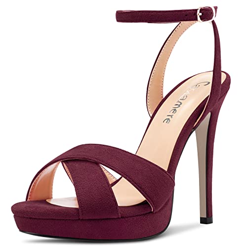 Castamere Damen Stiletto Hoher High Plateau Plattform Absatz Heel Peep Open Zehenkappe Knöchelriemen Sandalen Hochzeit Abschlussball 12 CM Heels Burgunderrot 38 EU von Castamere