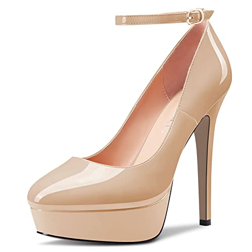 Castamere Damen Stiletto Hoher High Plateau Plattform Absatz Heel Runde Zehenkappe Knöchelriemen Pumps Slip-on Hochzeit Party Dress 13 cm Heels Beige 37 EU von Castamere