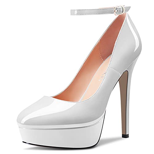 Castamere Damen Stiletto Hoher High Plateau Plattform Absatz Heel Runde Zehenkappe Knöchelriemen Pumps Slip-on Hochzeit Party Dress 13 cm Heels Weiß 38 EU von Castamere