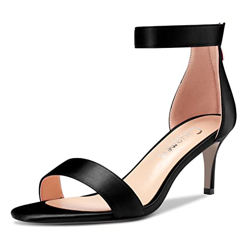 Castamere Damen Stiletto Kitten Absatz Heel Peep Open Zehenkappe Knöchelriemen Sandalen Klassisch Cute Dress 6 CM Heels Schwarz Satin 41 EU von Castamere