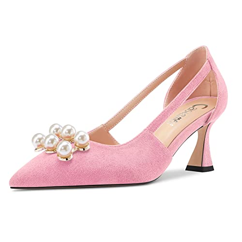 Castamere Damen Stiletto Mittlerem Absatz Heel Spitze Zehenkappe Two-Piece Slip-on Pumps Dress 6.5 cm Heels Rosa A 40 EU von Castamere