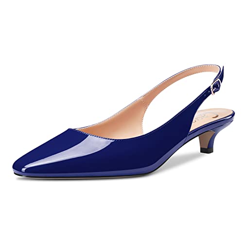 Castamere Damen Stiletto Niedrige Kitten Absatz Heel Geschlossene Eckige Zehenkappe Slingback Pumps Slip-on 3.5 cm Sandalen Dress Cute Schuhe Navy Blau Lackleder 38 EU von Castamere