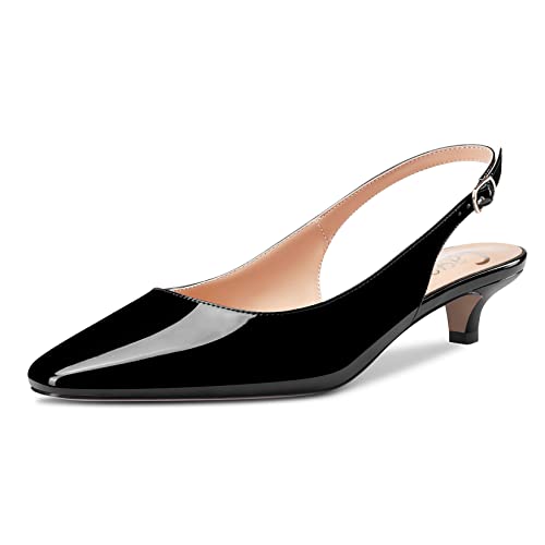 Castamere Damen Stiletto Niedrige Kitten Absatz Heel Geschlossene Eckige Zehenkappe Slingback Pumps Slip-on 3.5 cm Sandalen Dress Cute Schuhe Schwarz Lackleder 39 EU von Castamere