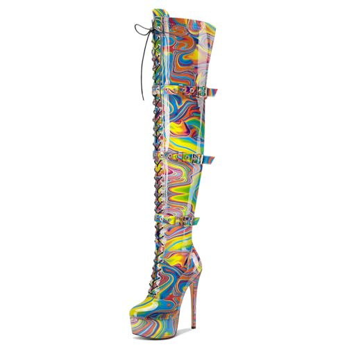 Castamere Damen Überknie Stiletto Absatz Heel Plateau Stiefel Runde Zehenkappe Schnüren Schnürung Schnalle Reißverschluss 15 CM Heels Buntes Graffiti 43 EU von Castamere