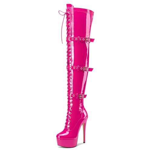 Castamere Damen Überknie Stiletto Absatz Heel Plateau Stiefel Runde Zehenkappe Schnüren Schnürung Schnalle Reißverschluss 15 CM Heels Magenta 39 EU von Castamere