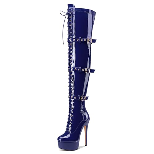Castamere Damen Überknie Stiletto Absatz Heel Plateau Stiefel Runde Zehenkappe Schnüren Schnürung Schnalle Reißverschluss 15 CM Heels Marineblau 37 EU von Castamere