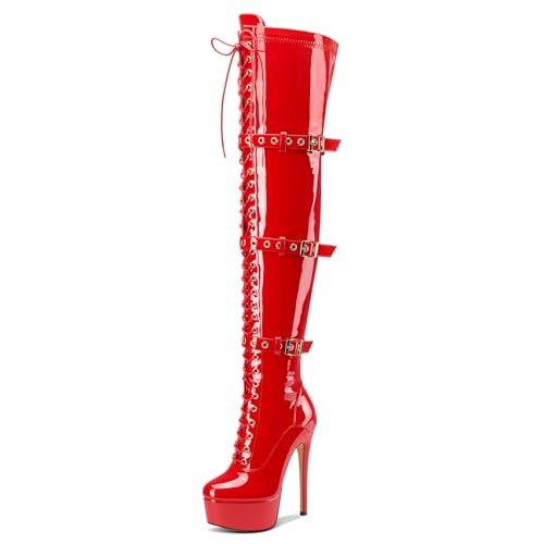 Castamere Damen Überknie Stiletto Absatz Heel Plateau Stiefel Runde Zehenkappe Schnüren Schnürung Schnalle Reißverschluss 15 CM Heels Rot 41 EU von Castamere