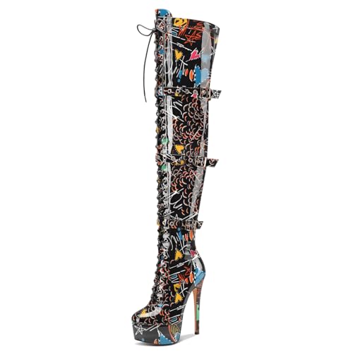 Castamere Damen Überknie Stiletto Absatz Heel Plateau Stiefel Runde Zehenkappe Schnüren Schnürung Schnalle Reißverschluss 15 CM Heels Schwarzes Doodle 42 EU von Castamere