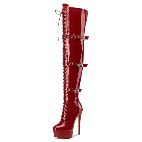 Castamere Damen Überknie Stiletto Absatz Heel Plateau Stiefel Runde Zehenkappe Schnüren Schnürung Schnalle Reißverschluss 15 CM Heels Weinrot 40 EU von Castamere