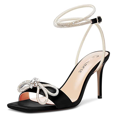 Castamere Mittlerem Absatz Heel Open Zehenkappe Diamant Kristall Bogenknoten Knöchelriemen Sandalen Hochzeit Abschlussball Sommer 8 CM Heels Schwarz 41 EU von Castamere