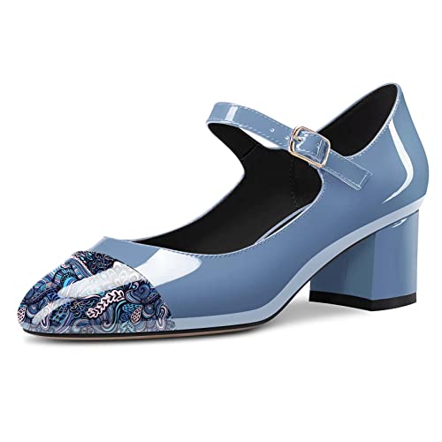 Castamere Mittlerem Chunky Blockabsatz Absatz Heel Runde Zehenkappe Mary Jane Pumps Abschlussball Dress 5 cm Heels Blau A 36 EU von Castamere