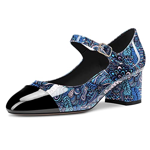 Castamere Mittlerem Chunky Blockabsatz Absatz Heel Runde Zehenkappe Mary Jane Pumps Abschlussball Dress 5 cm Heels Blau Mehrfarbig 38 EU von Castamere