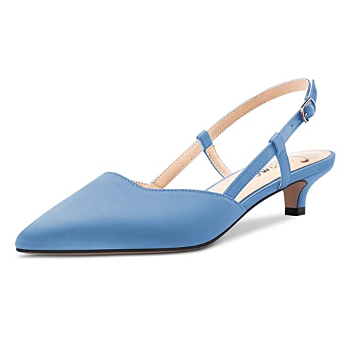 Castamere Niedrige Kitten Absatz Heel Spitze Zehenkappe Pumps Damen Slingback Slip-on Sandalen Hochzeit Büroschuhe Party Dress 3.5 CM Heels Hellblau Satin 40 EU von Castamere