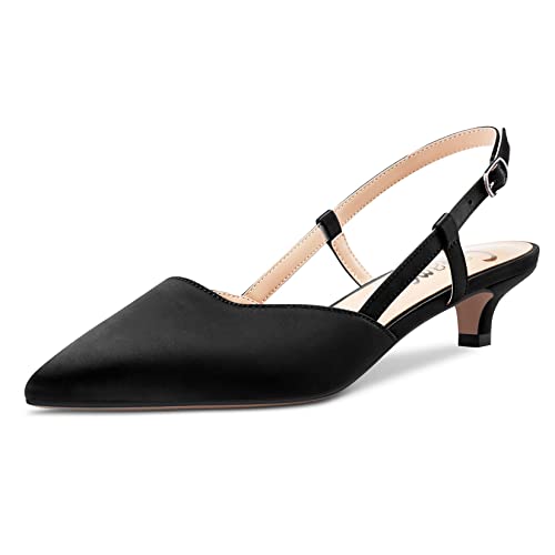 Castamere Niedrige Kitten Absatz Heel Spitze Zehenkappe Pumps Damen Slingback Slip-on Sandalen Hochzeit Büroschuhe Party Dress 3.5 CM Heels Schwarz Satin 38 EU von Castamere