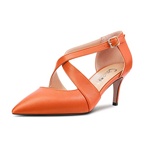 Castamere Stiletto Mittlerem Absatz Heel Spitze Zehenkappe Kreuzriemen Pumps Hochzeit Party 6.5 cm Heels Orange Matt 41 EU von Castamere