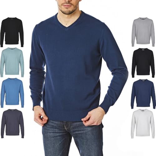 Castle Point Herren CSPKNT004 Strickpullover aus 100% Baumwolle, weicher V-Ausschnitt, Jeansblau, Größe L von Castle Point