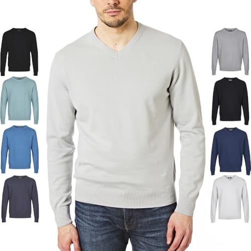 Castle Point Herren Strickpullover CSPKNT004 100% Baumwolle, weich, V-Ausschnitt, Hellgrau meliert, Größe S von Castle Point