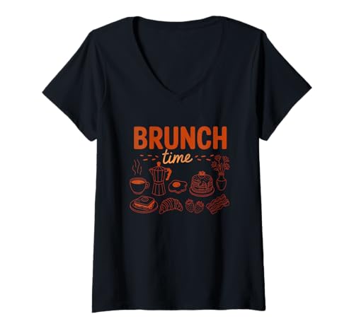 Damen Brunch Time Kaffee Pfannkuchen Frühstück Kunst T-Shirt mit V-Ausschnitt von Casual Brunch Lovers Culinary Fun Ideas