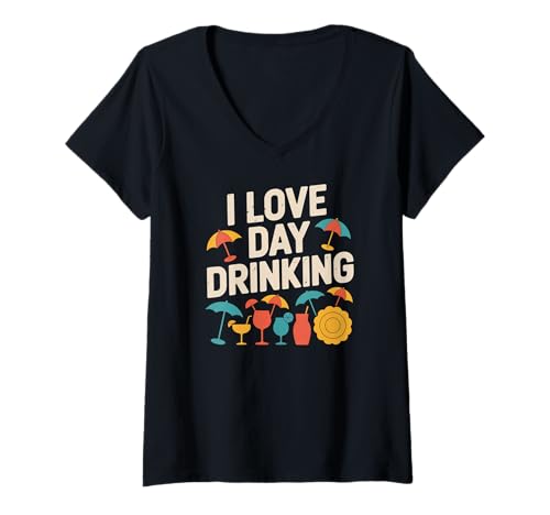 Damen Statement „I Love Day Drinking Fun Summer“ T-Shirt mit V-Ausschnitt Damen Statement „I Love Day Drinking Fun Summer“ T-Shirt mit V-Ausschnitt von Casual Cocktail Vibes Leisure Wear