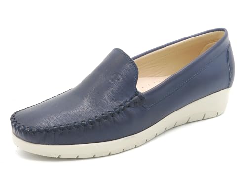 Casual Damen Mokassins Echtleder Schlupfschuhe Leder Loafer Slipper mit Keilabsatz Navy dunkel blau 37 von Casual