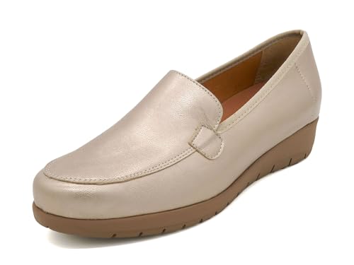 Casual Damen Mokassins Schlupfschuhe Leder Loafer mit Absatz Slipper mit Keilabsatz metallic Gold 36 von Casual