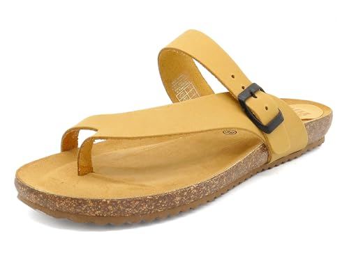 Casual Damen Pantoletten Leder flache Sandalen Echtleder Fußbett Korksohle Korkschuhe gepolstert Gelb EU 39 von Casual