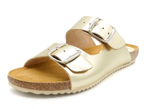 Casual Damen Pantoletten Leder flache Sandalen Echtleder Fußbett Korksohle Korkschuhe gepolstert metallic Gold EU 40 von Casual