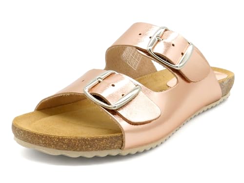 Casual Damen Pantoletten Leder flache Sandalen Echtleder Fußbett Korksohle Korkschuhe gepolstert metallic rosa Gold EU 39 von Casual