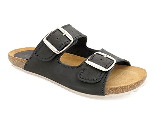 Casual Damen Pantoletten Leder flache Sandalen Echtleder Fußbett Korksohle Korkschuhe gepolstert Schwarz EU 39 von Casual