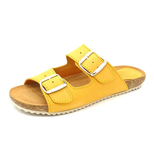 Casual Damen Pantoletten Nubuk Leder Sandalen mit Echtleder Fußbett & Korksohle Korkschuhe Gel gepolstert mustard Gelb Größe 41 EU von Casual