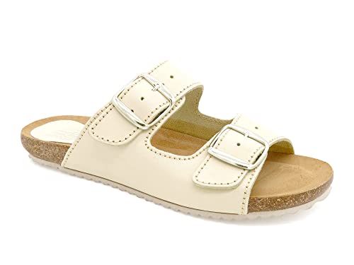 Casual Damen Pantoletten mit Fußbett Leder Sandalen flach Korksohle Korkschuhe Beige EU 37 von Casual