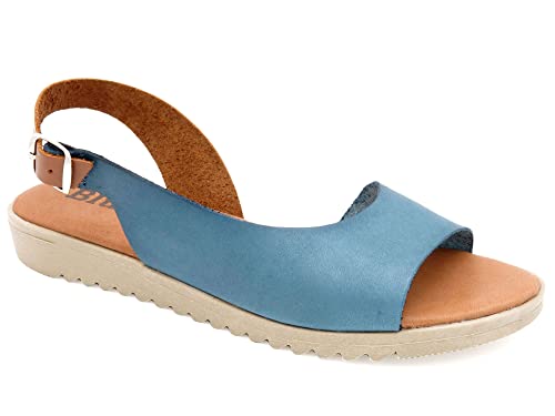 Casual Damen Sandalen Leder Keilabsatz Sommerschuhe Echtleder Sandaletten Decksohle Gel gepolstert Blau Größe 35 EU von Casual